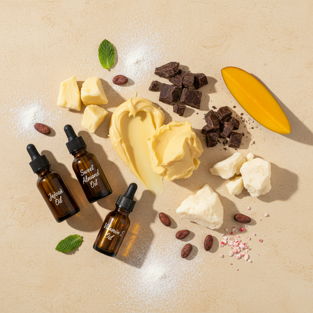 Ingredient flat lay featuring mango, cocoa, shea and kokum butters, jojoba oil, sweet almond oil, vitamin E oil, arrowroot powder, and essential oils