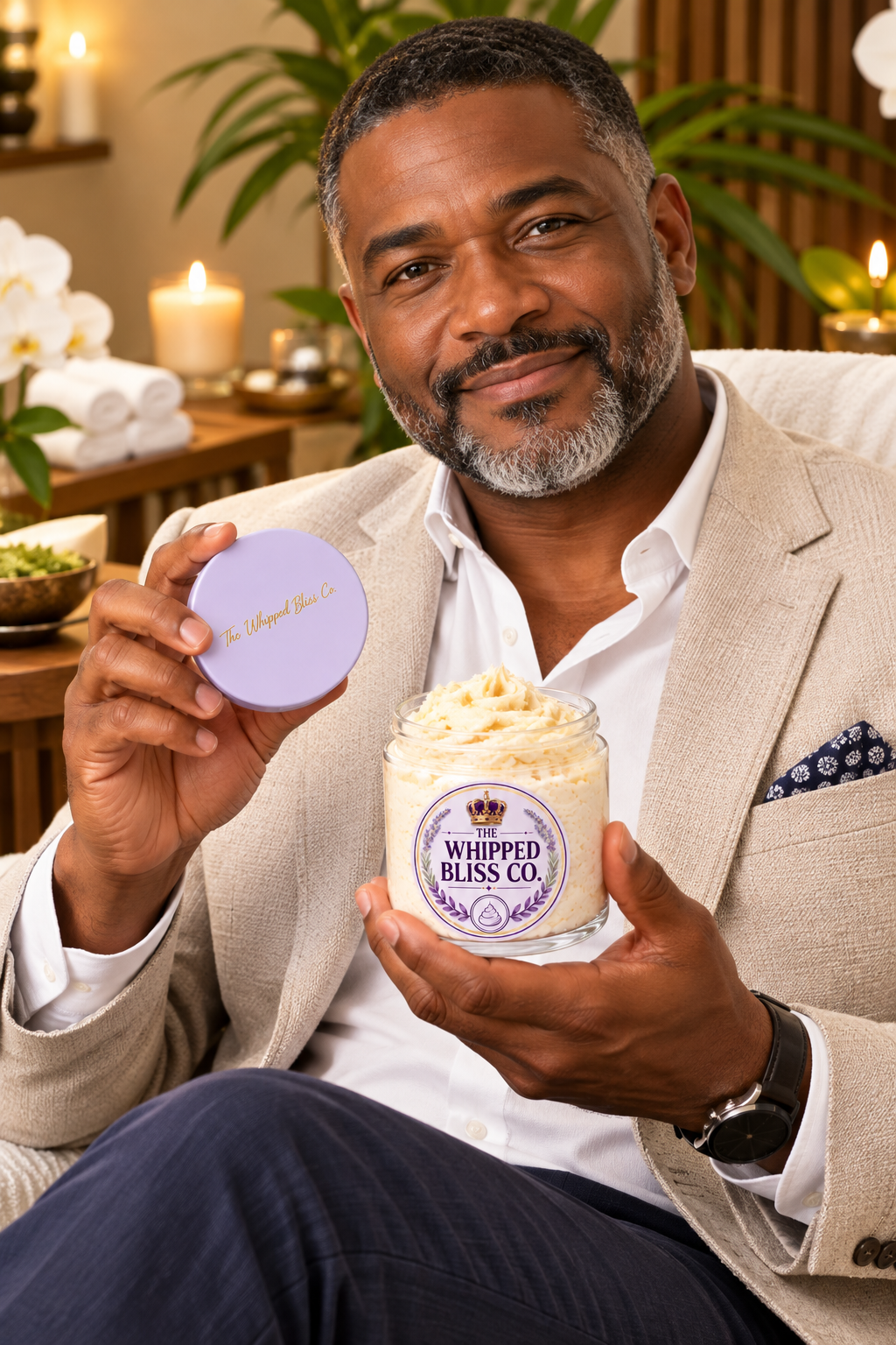 Man holding Bergamot Black Tea Body Butter jar for scale reference