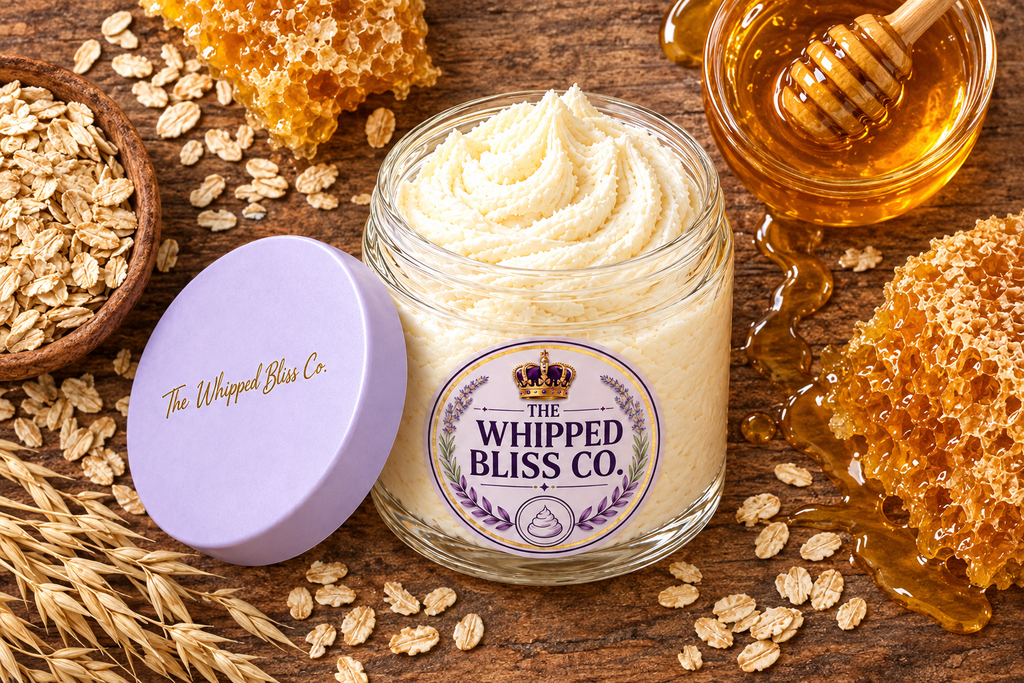 Honey Oat Body Butter flat lay with honeycomb and oats