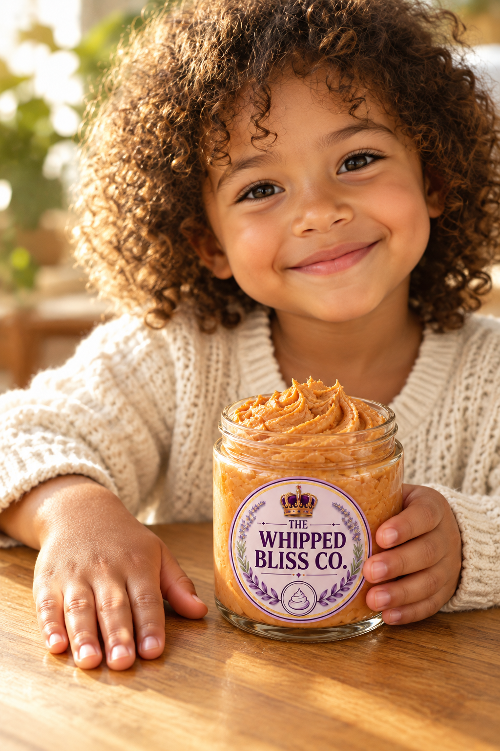Child holding Caramel Body Butter jar for scale reference