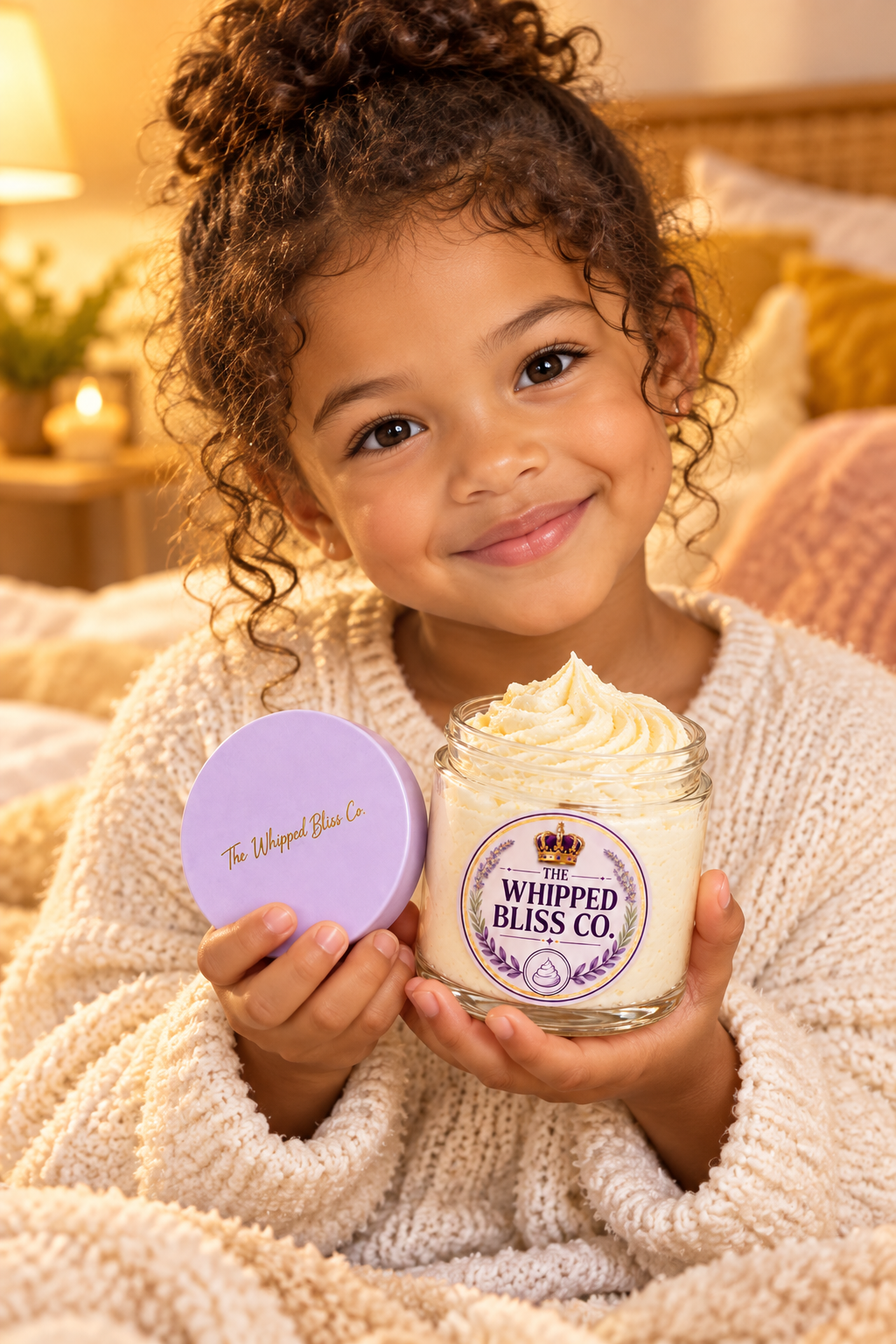 Child holding Honey Oat Body Butter jar for scale reference