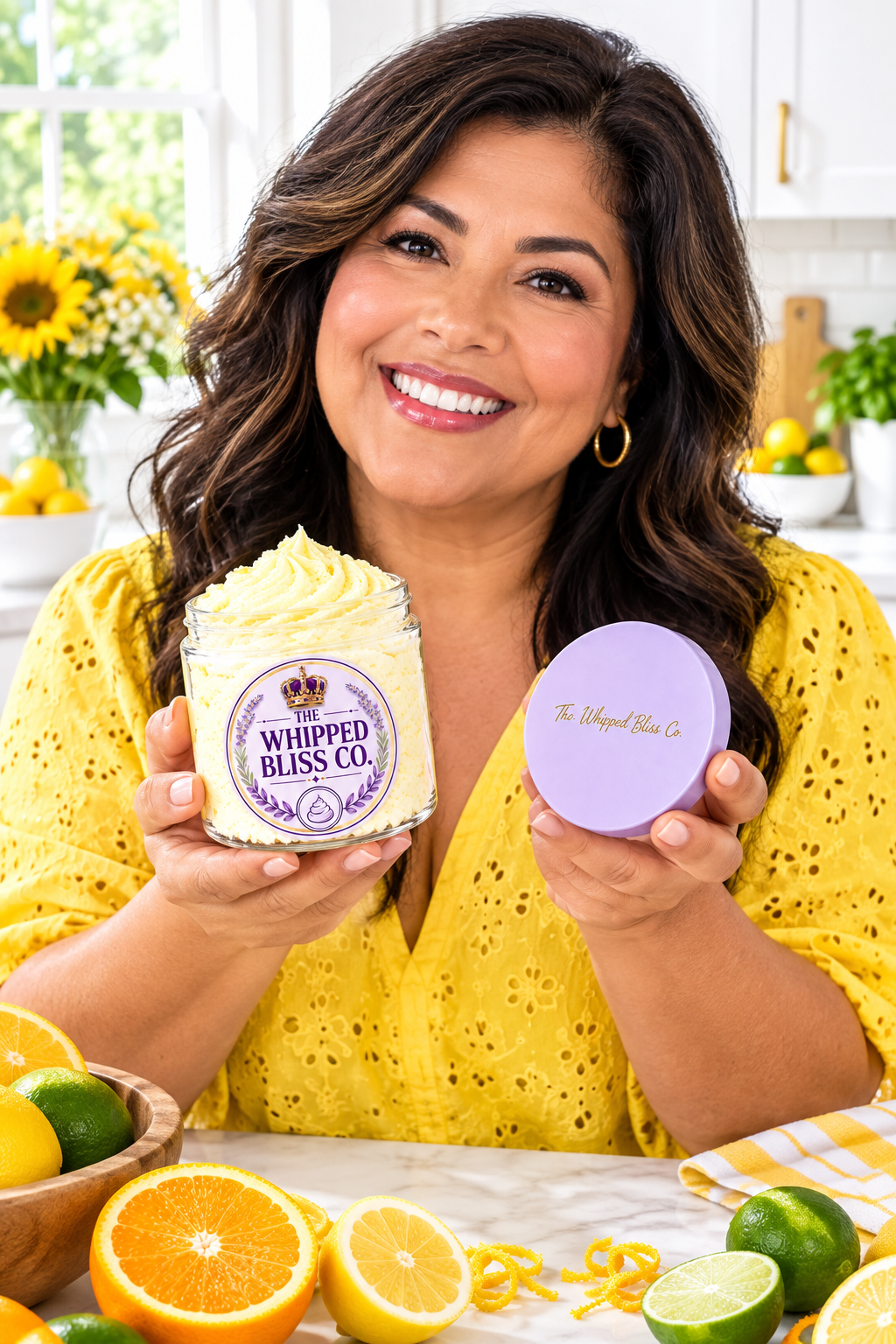Woman holding Citrus Body Butter jar for scale reference