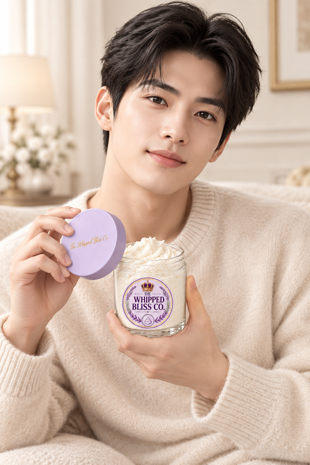 Man holding Warm Cashmere Body Butter jar for scale reference
