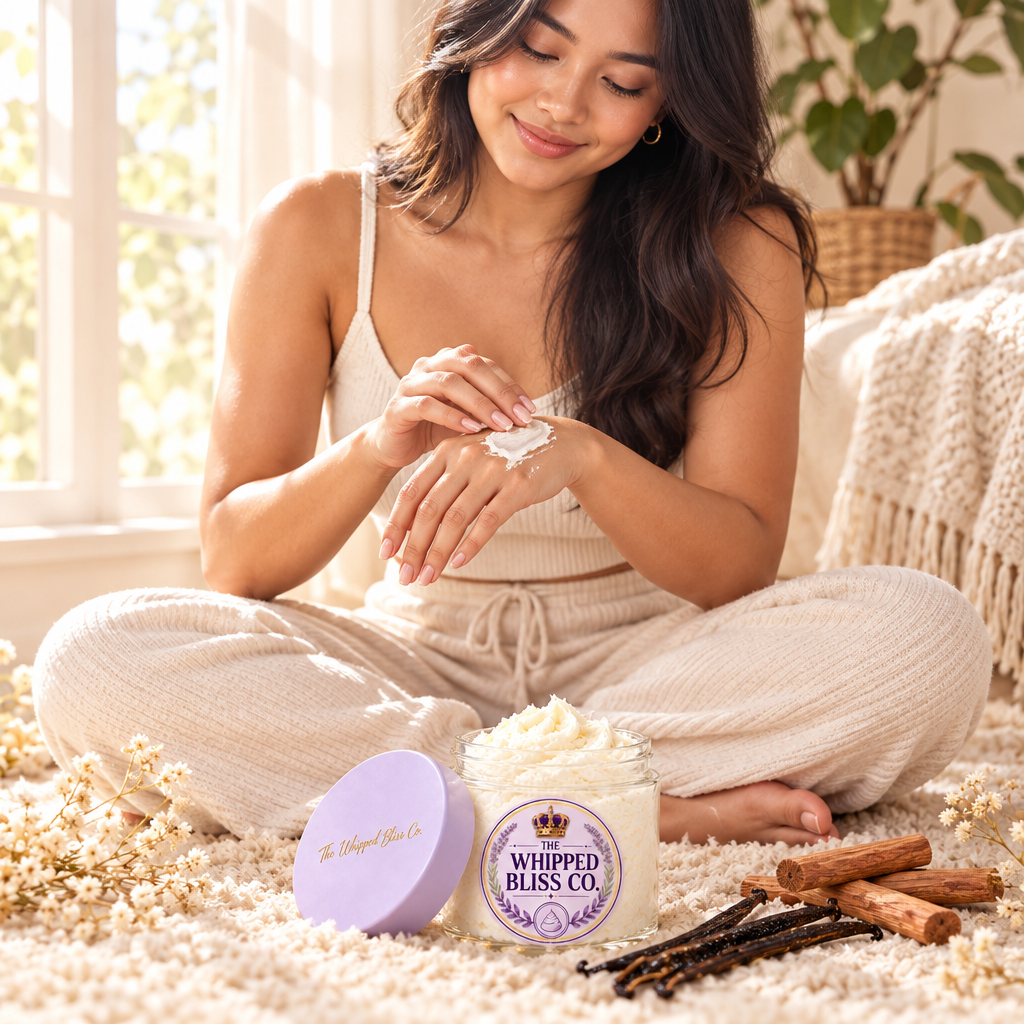 Woman applying Sandalwood Vanilla Body Butter by window