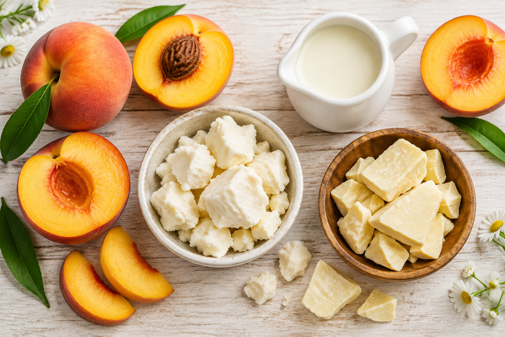 Flat lay of peaches and cream ingredients