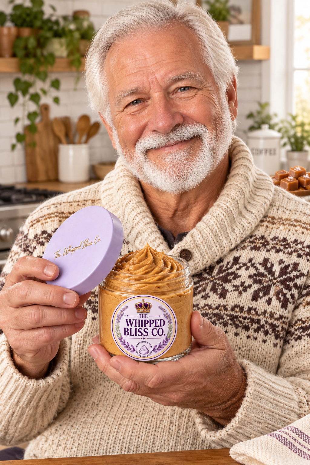 Man holding Caramel Drizzle Body Butter jar for scale reference