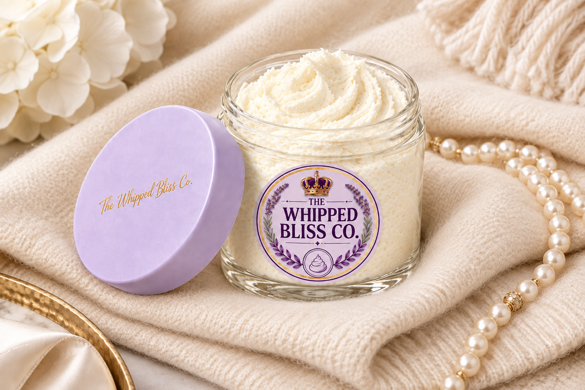 Warm Cashmere Body Butter flat lay with cashmere sweater and pearls