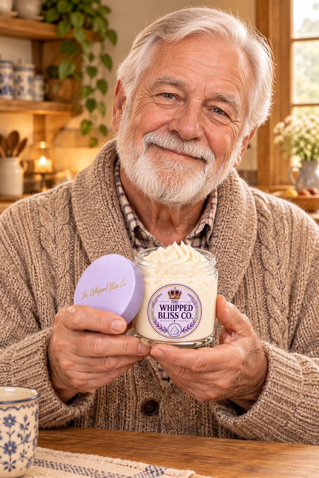 Man holding Oatmeal Cookie Body Butter jar for scale reference