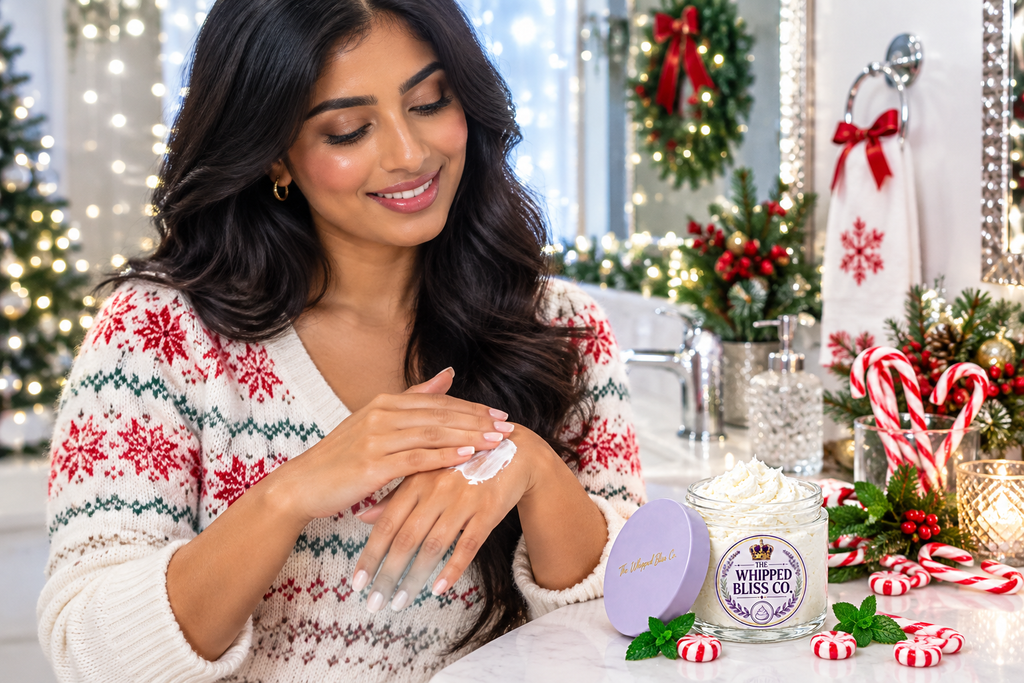 Woman applying Sweet Peppermint Body Butter in a festive bathroom