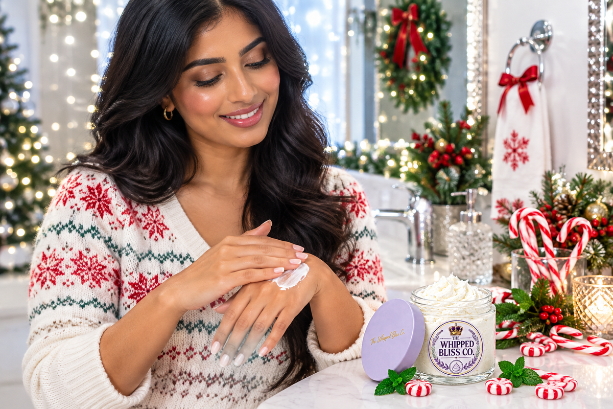 Woman applying Sweet Peppermint Body Butter in a festive bathroom