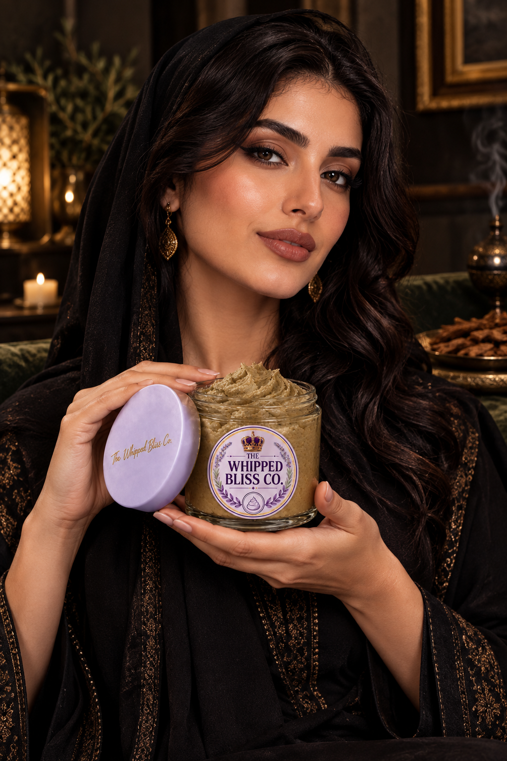 Woman holding Smoky Vetiver Body Butter jar for scale reference
