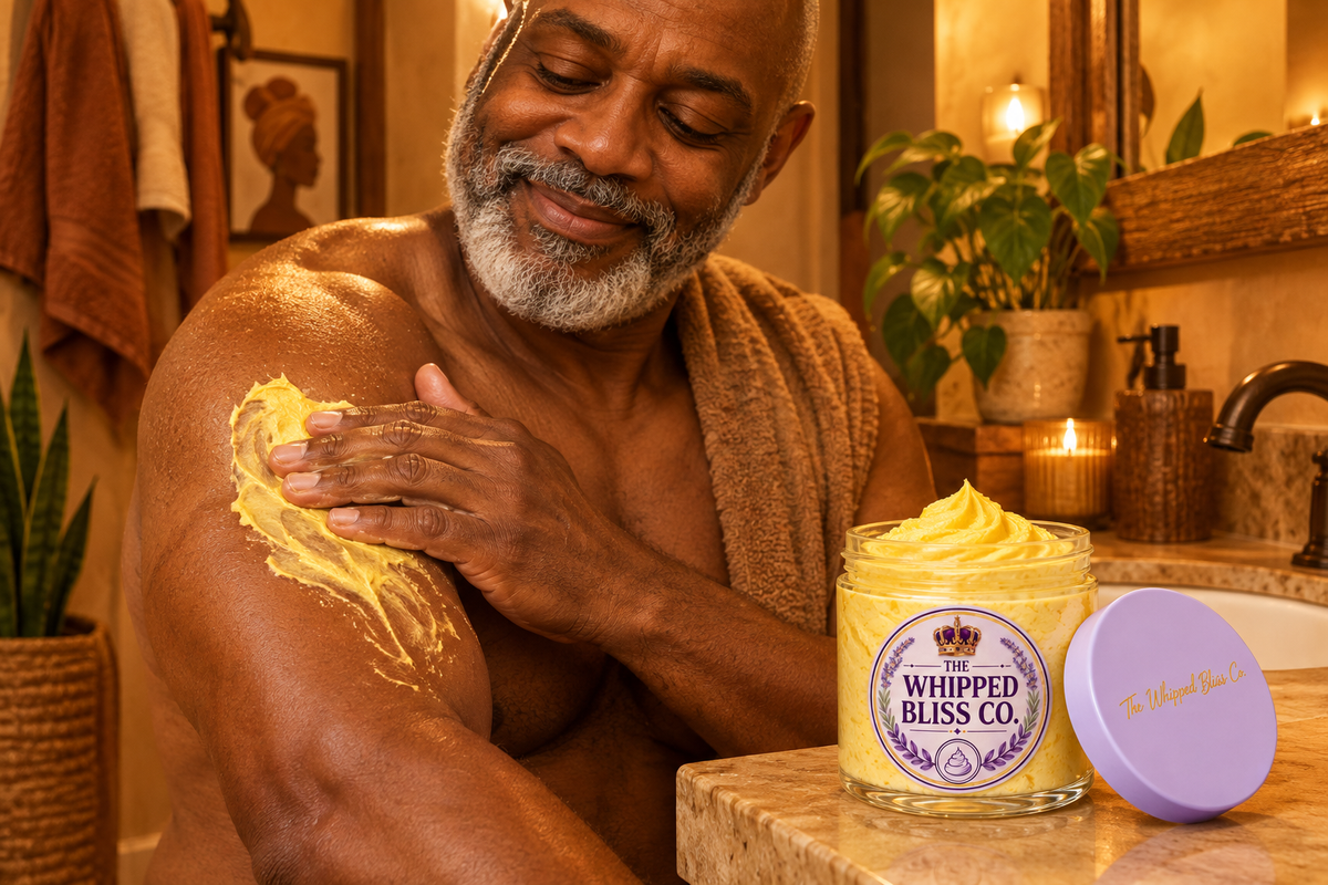 Man applying Turmeric Body Butter in a cozy warm bathroom