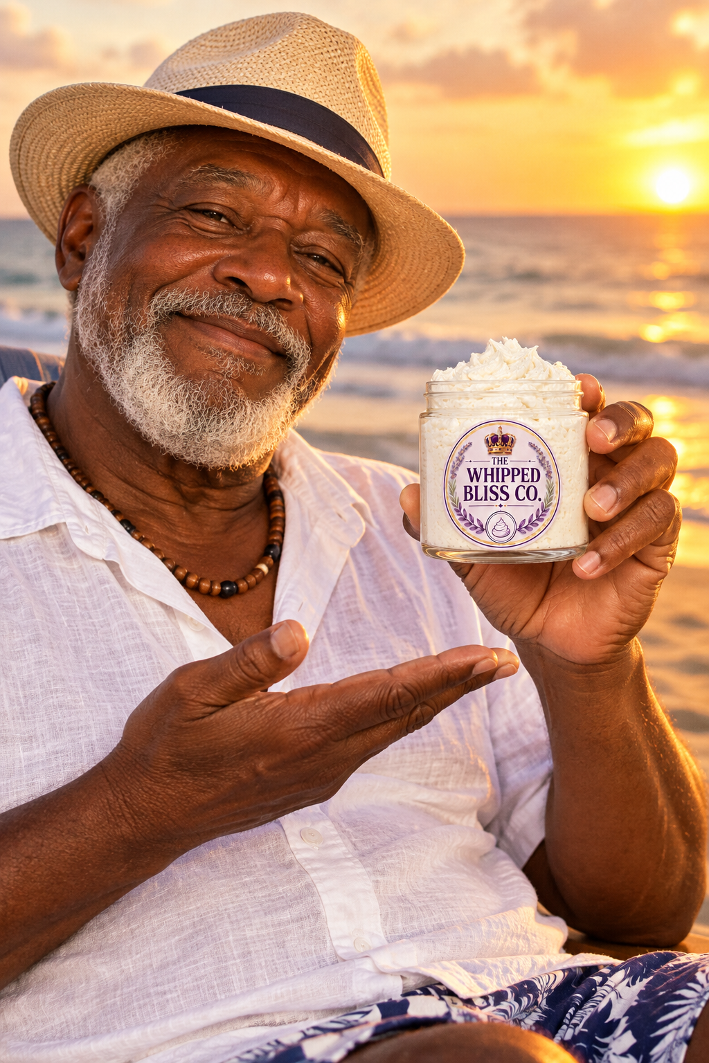 Elderly man holding Island Life Body Butter jar for scale reference