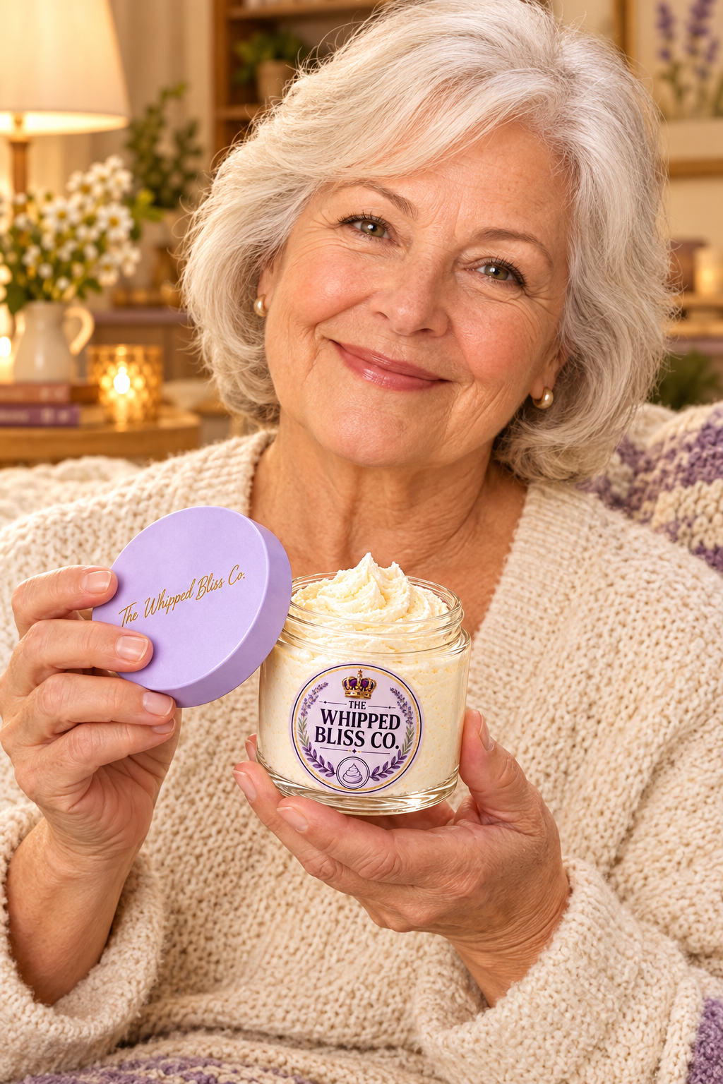 Woman holding Honey Oat Body Butter jar for scale reference