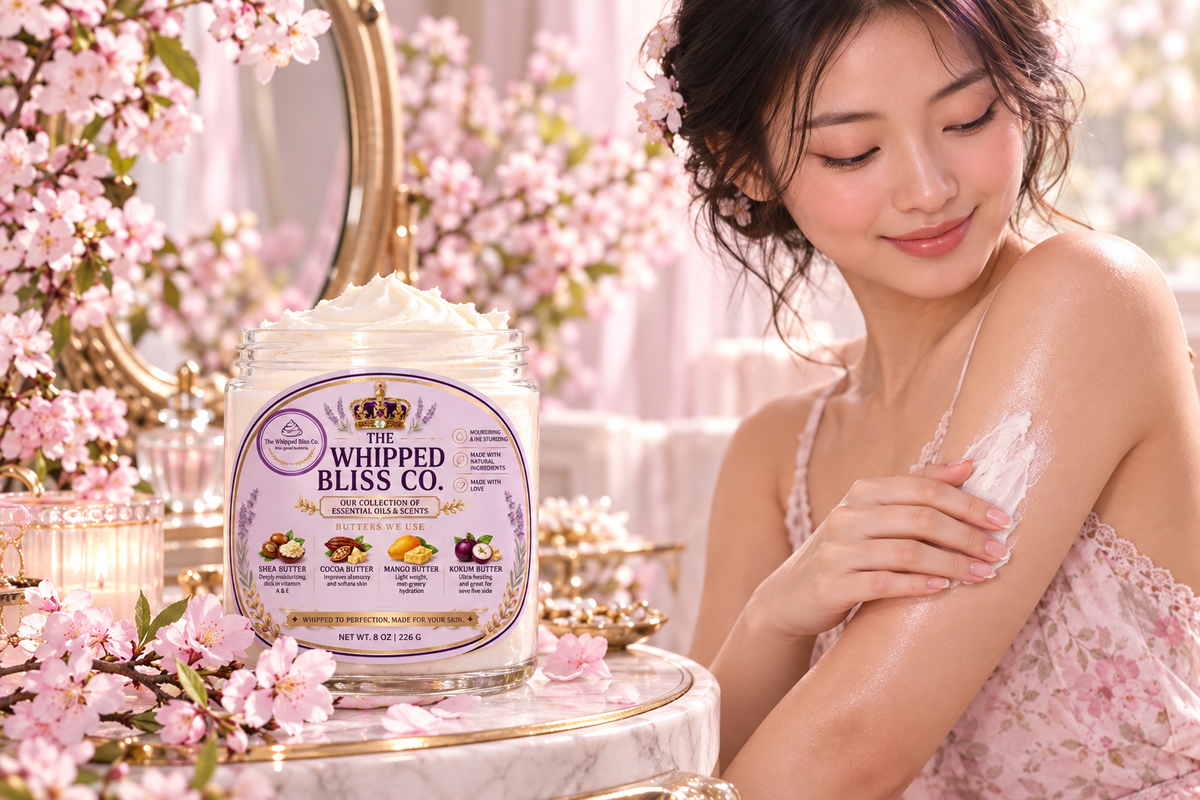 Woman applying Cherry Blossom Body Butter among blossom branches