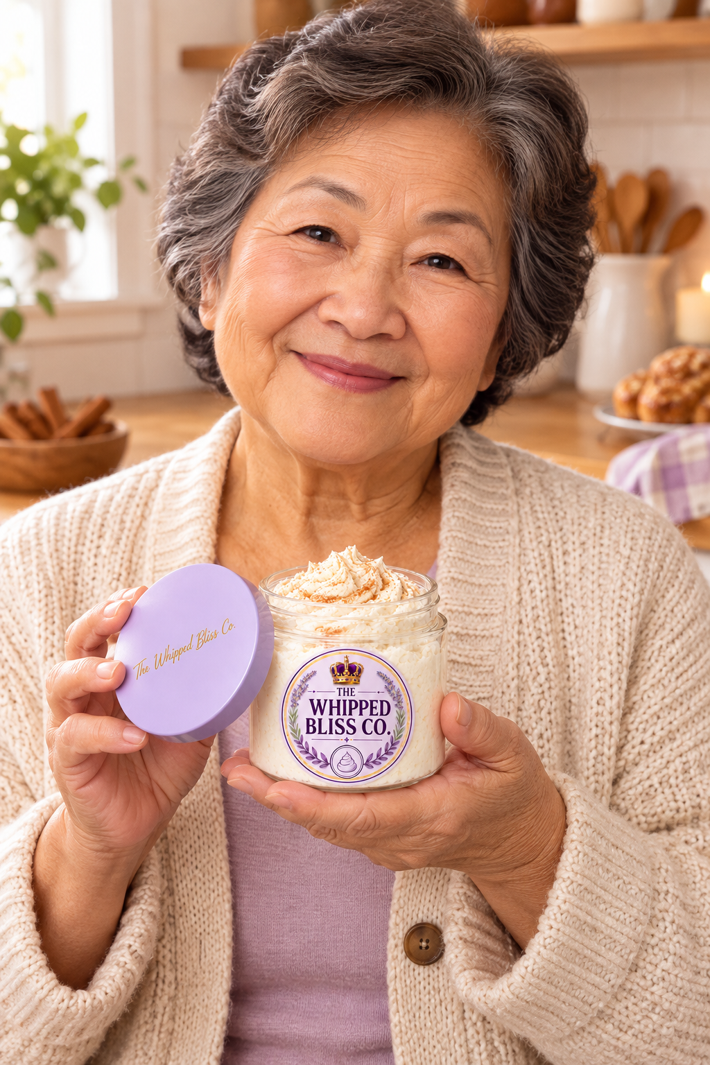 Woman holding Cinnamon Swirl Body Butter jar for scale reference
