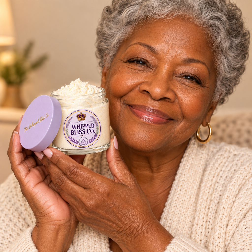 Elderly woman holding Sensuous Sandalwood Body Butter jar for scale reference