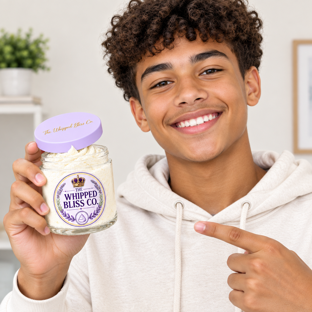 Teen boy holding Sandalwood Vanilla Body Butter jar for scale reference