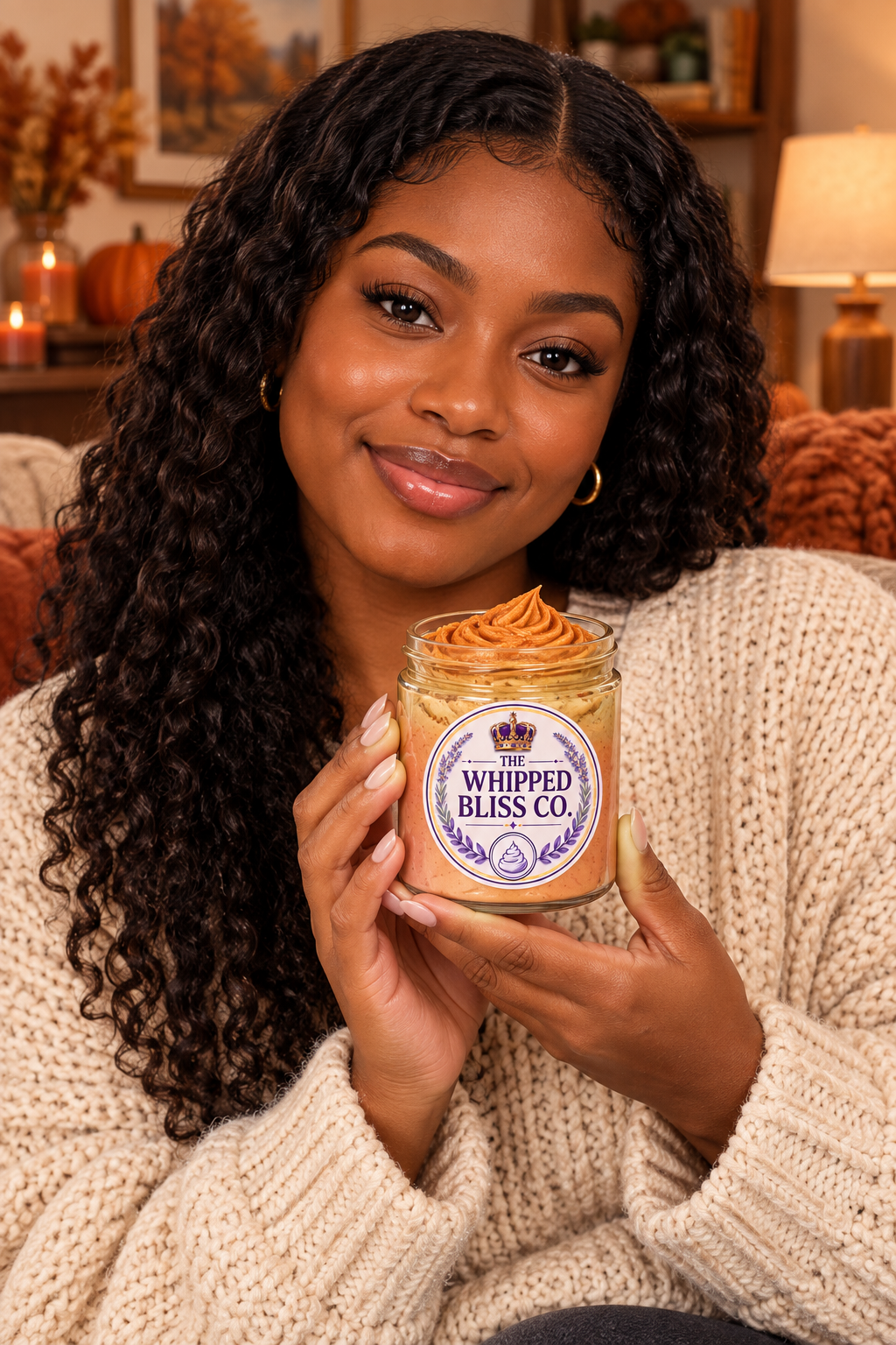 Woman holding Bourbon Pecan Body Butter jar for scale reference