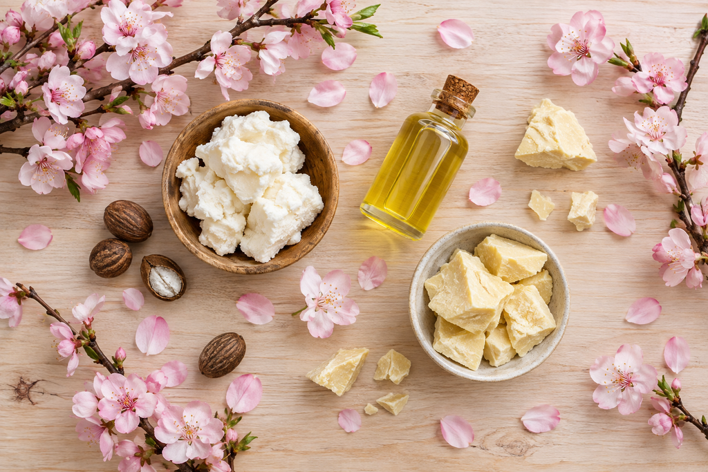 Flat lay of cherry blossom ingredients