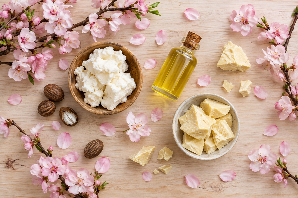 Flat lay of cherry blossom ingredients