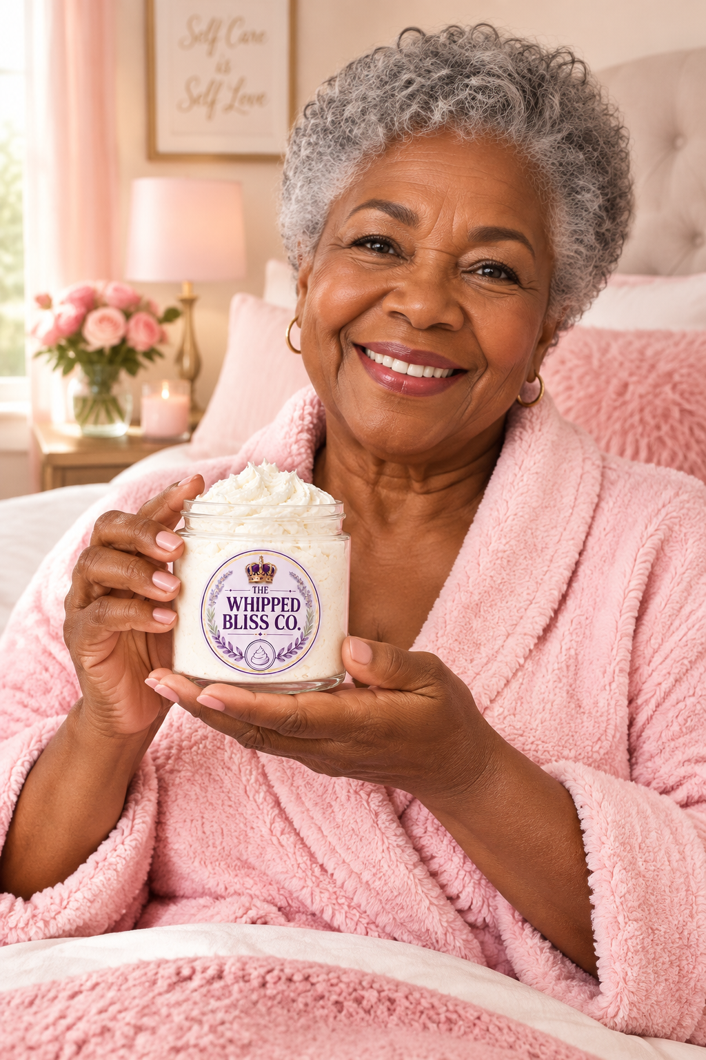 Elderly woman holding Rose Body Butter jar for scale reference