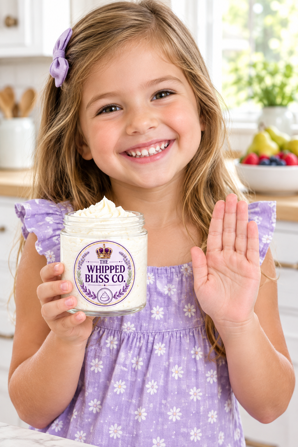 Little girl holding Pearberry Body Butter jar for scale reference