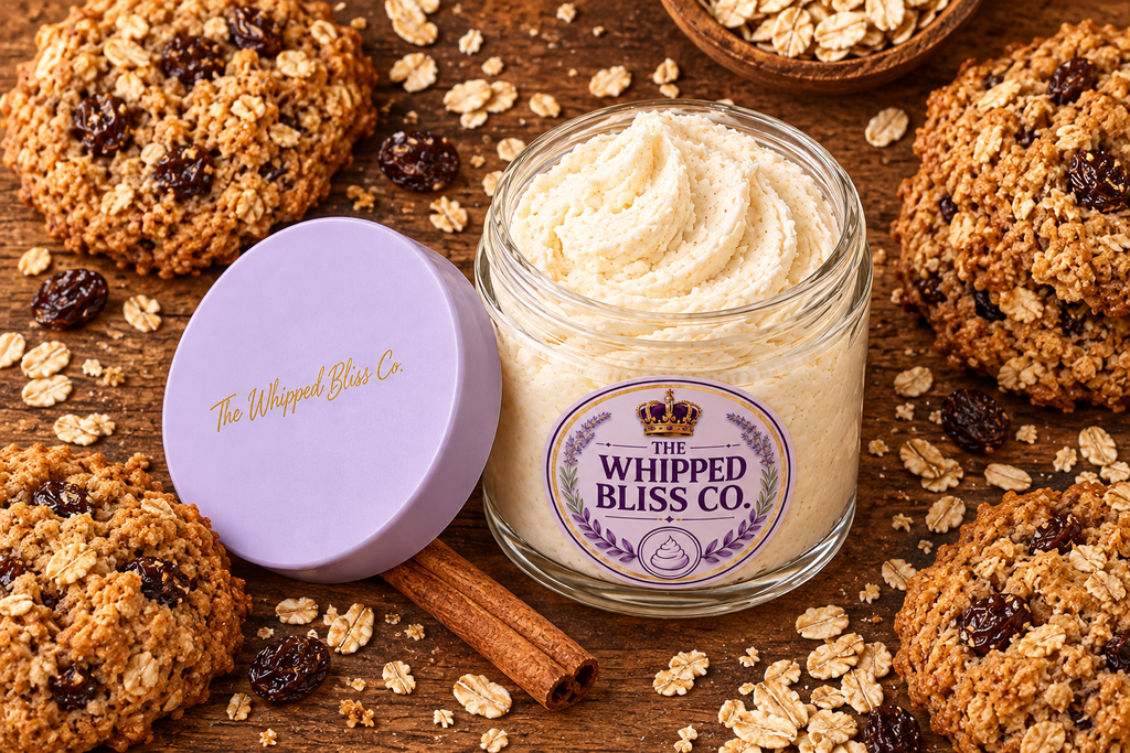 Oatmeal Cookie Body Butter flat lay with cookies and oats