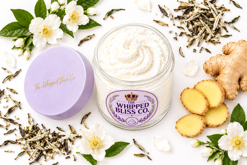 White Tea and Ginger Body Butter flat lay with tea leaves and ginger