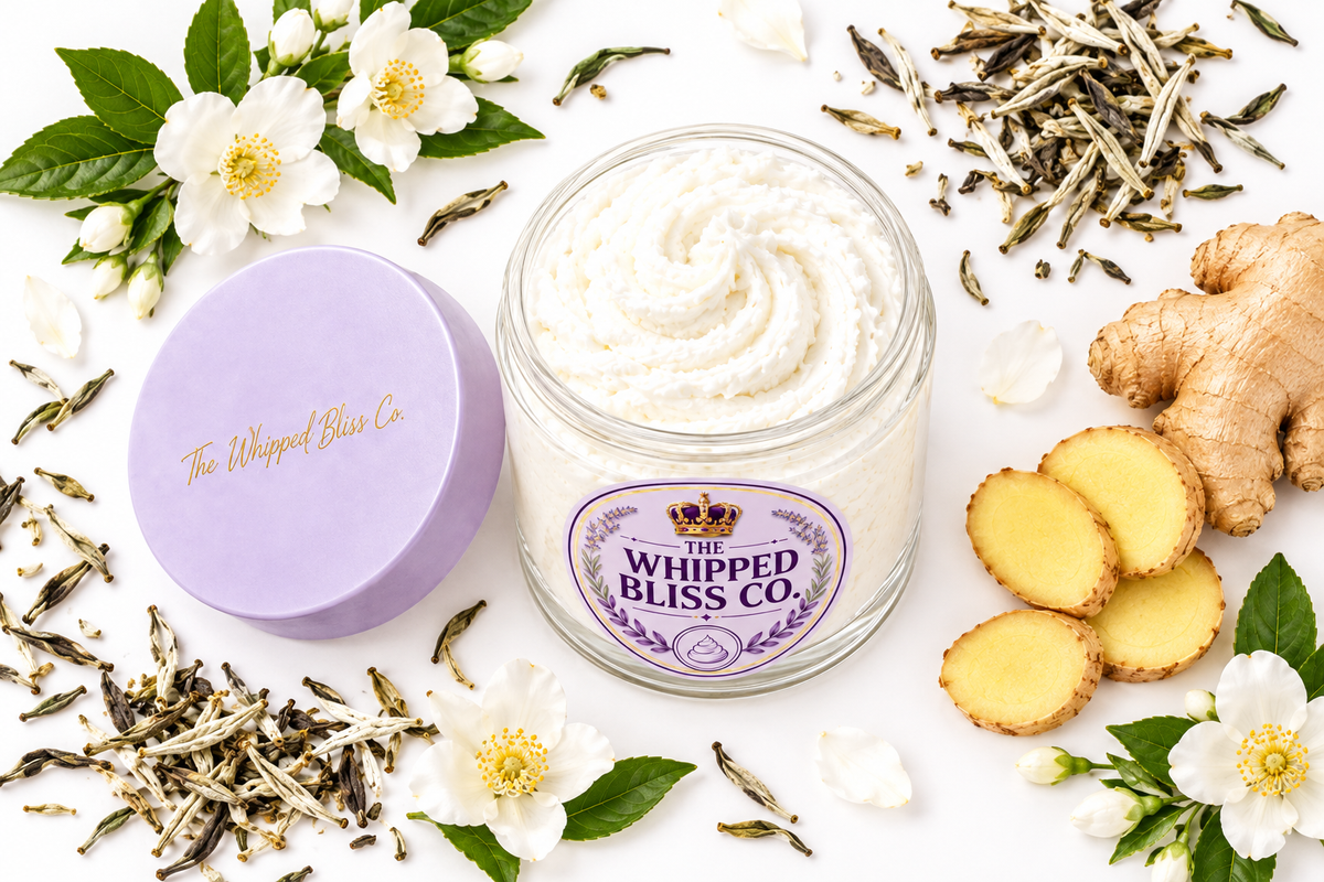 White Tea and Ginger Body Butter flat lay with tea leaves and ginger