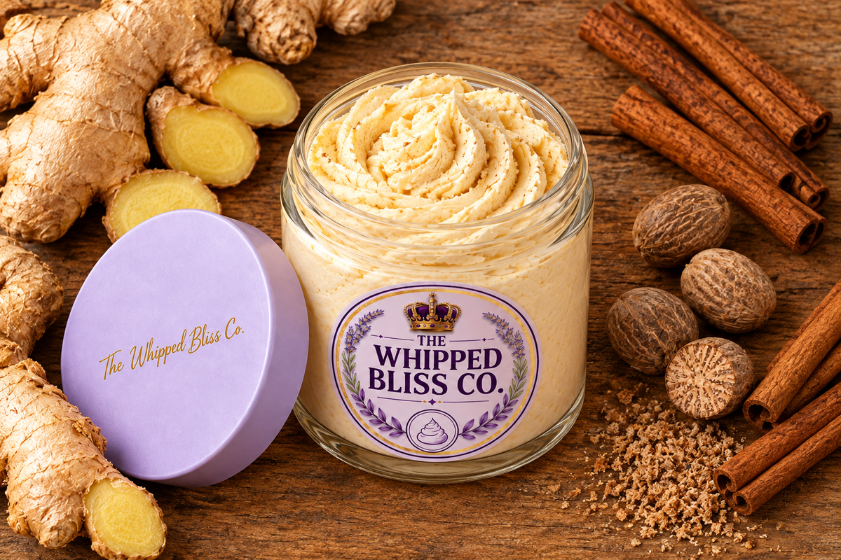 Ginger & Nutmeg Body Butter flat lay with ginger and spices