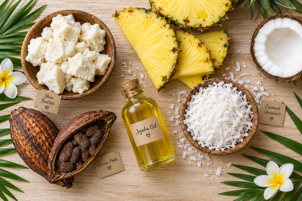 Flat lay of pina colada body butter ingredients