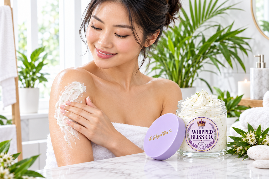 Woman applying Tea Tree Body Butter in a spa-style bathroom