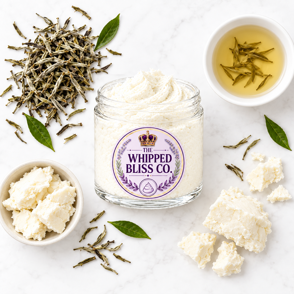 White Tea Body Butter ingredient flat lay