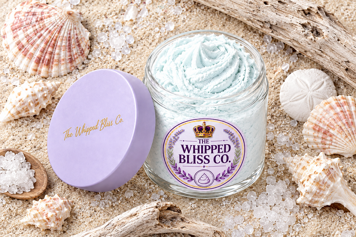 Ocean Breeze Body Butter flat lay with seashells and driftwood
