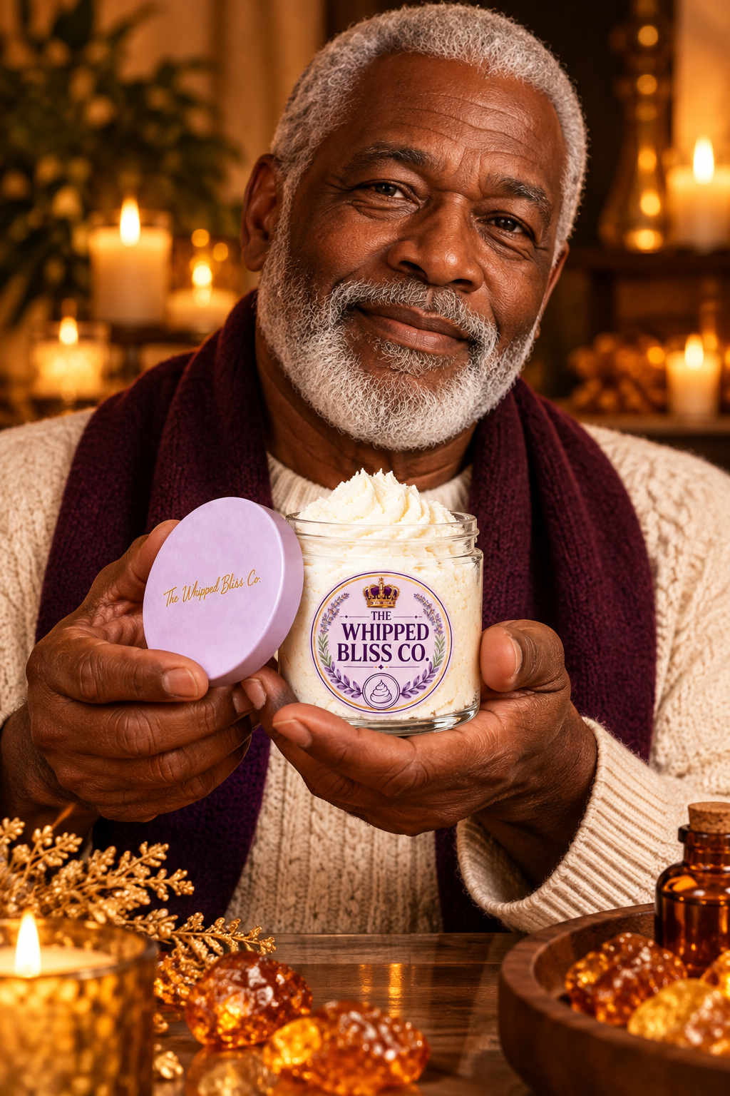 Elderly man holding Amber Body Butter jar for scale reference