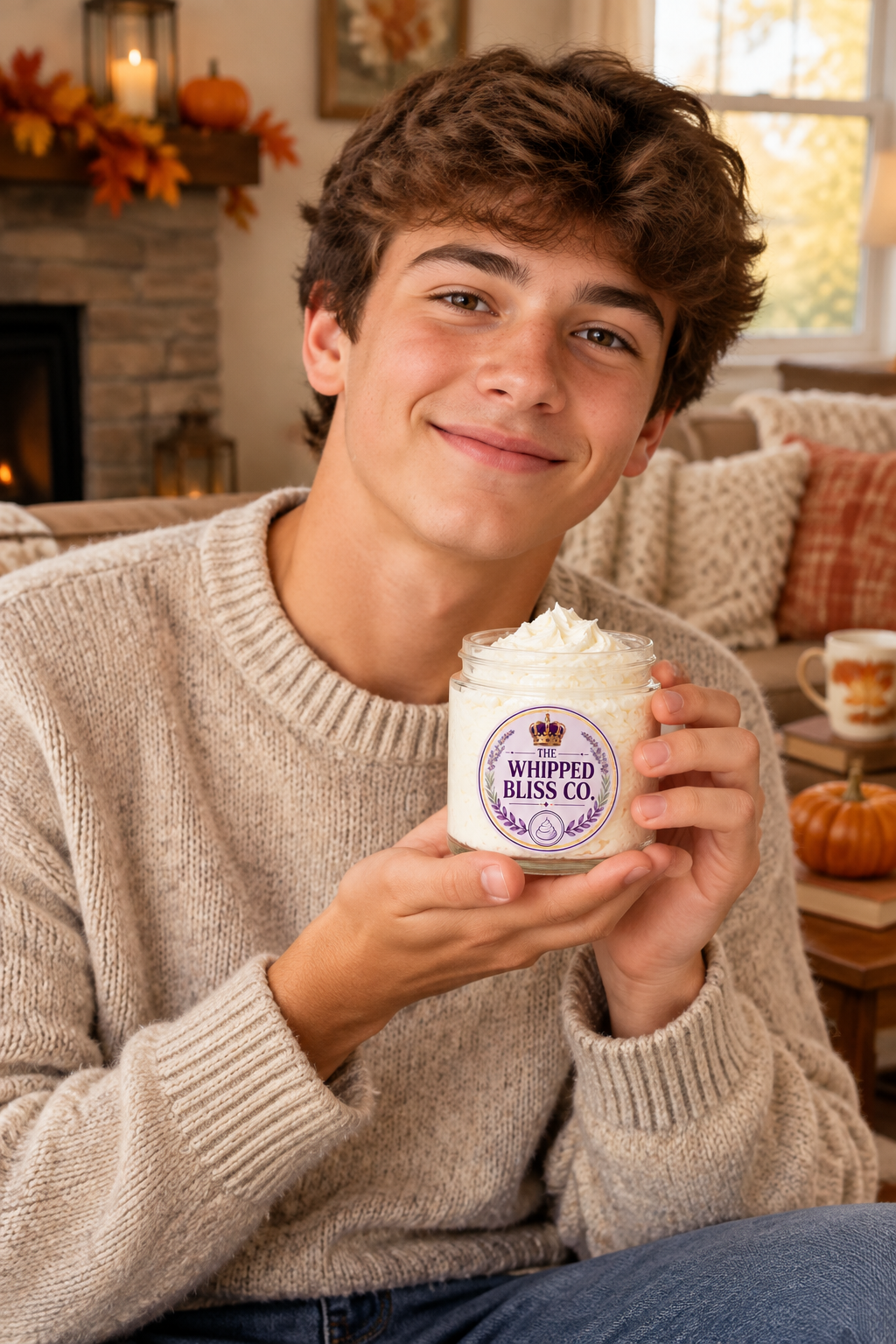 Teenage boy holding Spiced Pumpkin Pie Body Butter jar for scale reference