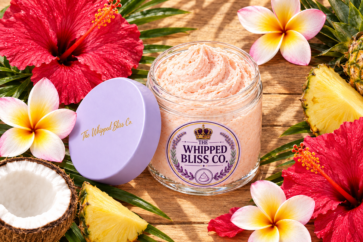 Tropical Blossom Body Butter flat lay with hibiscus and plumeria