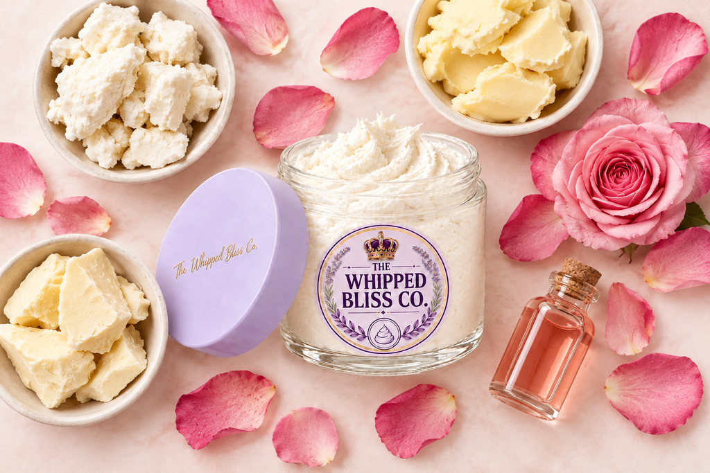 Rose Body Butter ingredient flat lay