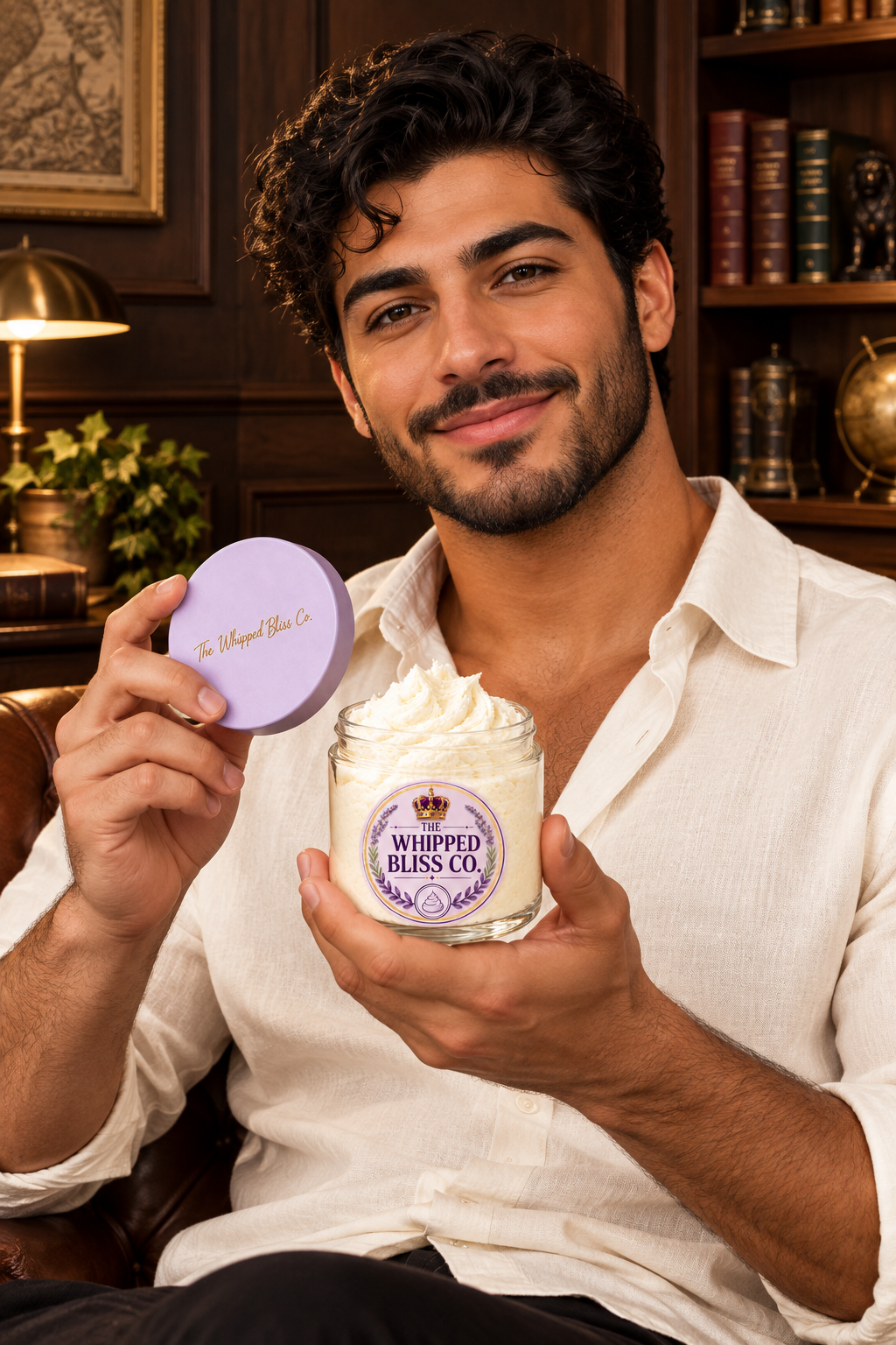 Man holding Teakwood & Mahogany Body Butter jar for scale reference