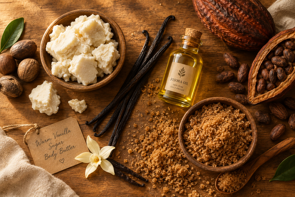 Flat lay of warm vanilla sugar body butter ingredients