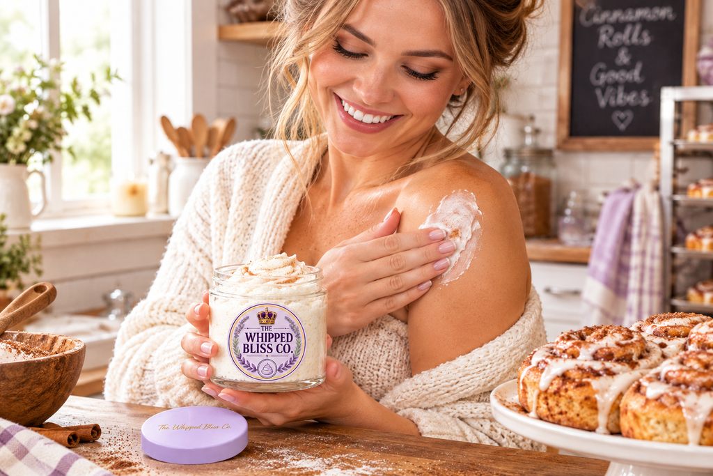 Woman applying Cinnamon Swirl Body Butter in a bakery kitchen