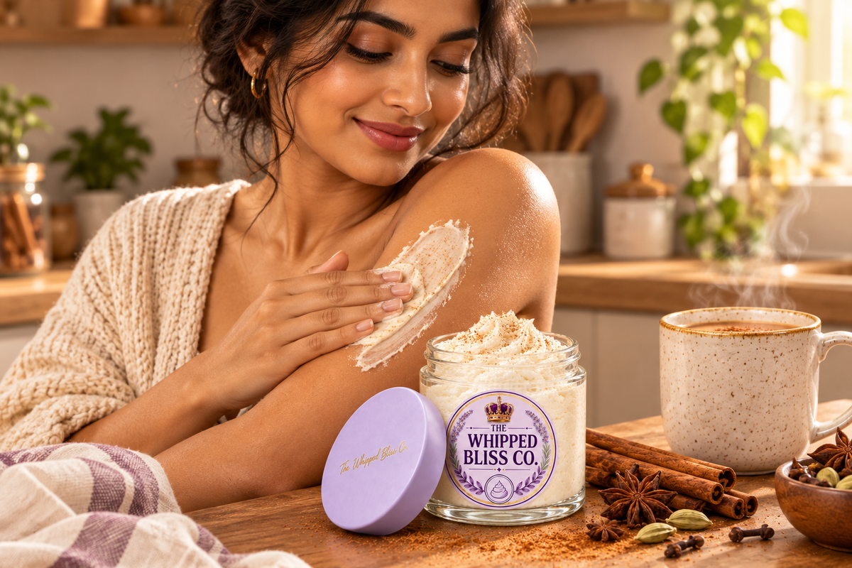 Woman applying Chai Latte Body Butter in a cozy kitchen