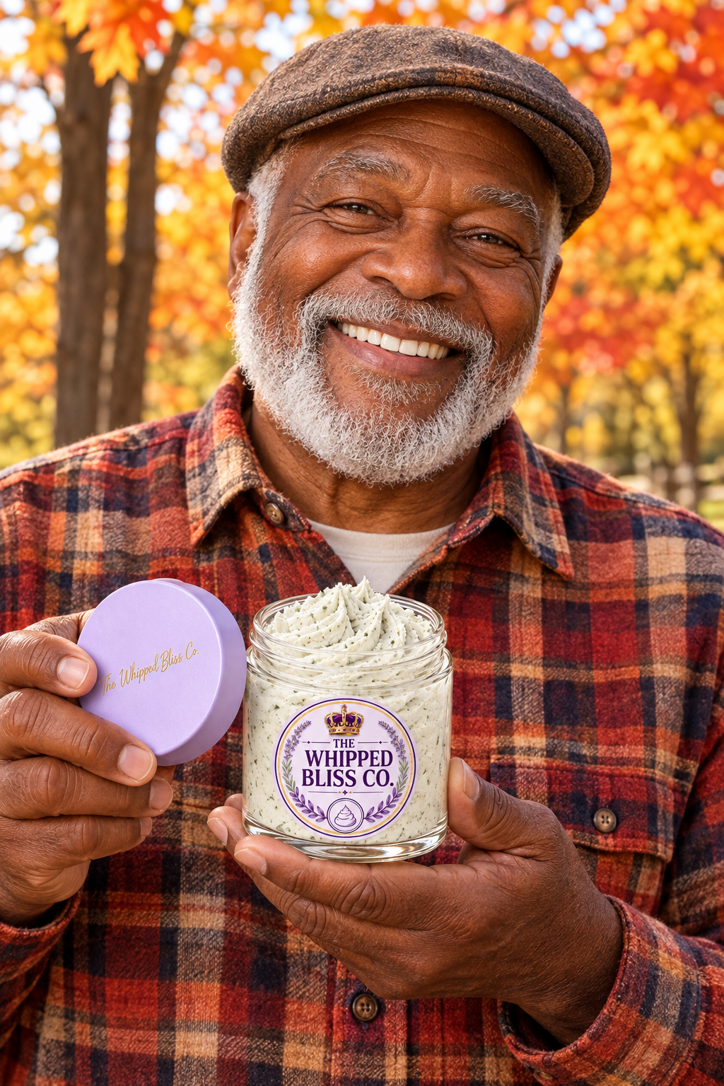 Elderly man holding Crisp Autumn Air Body Butter jar for scale reference