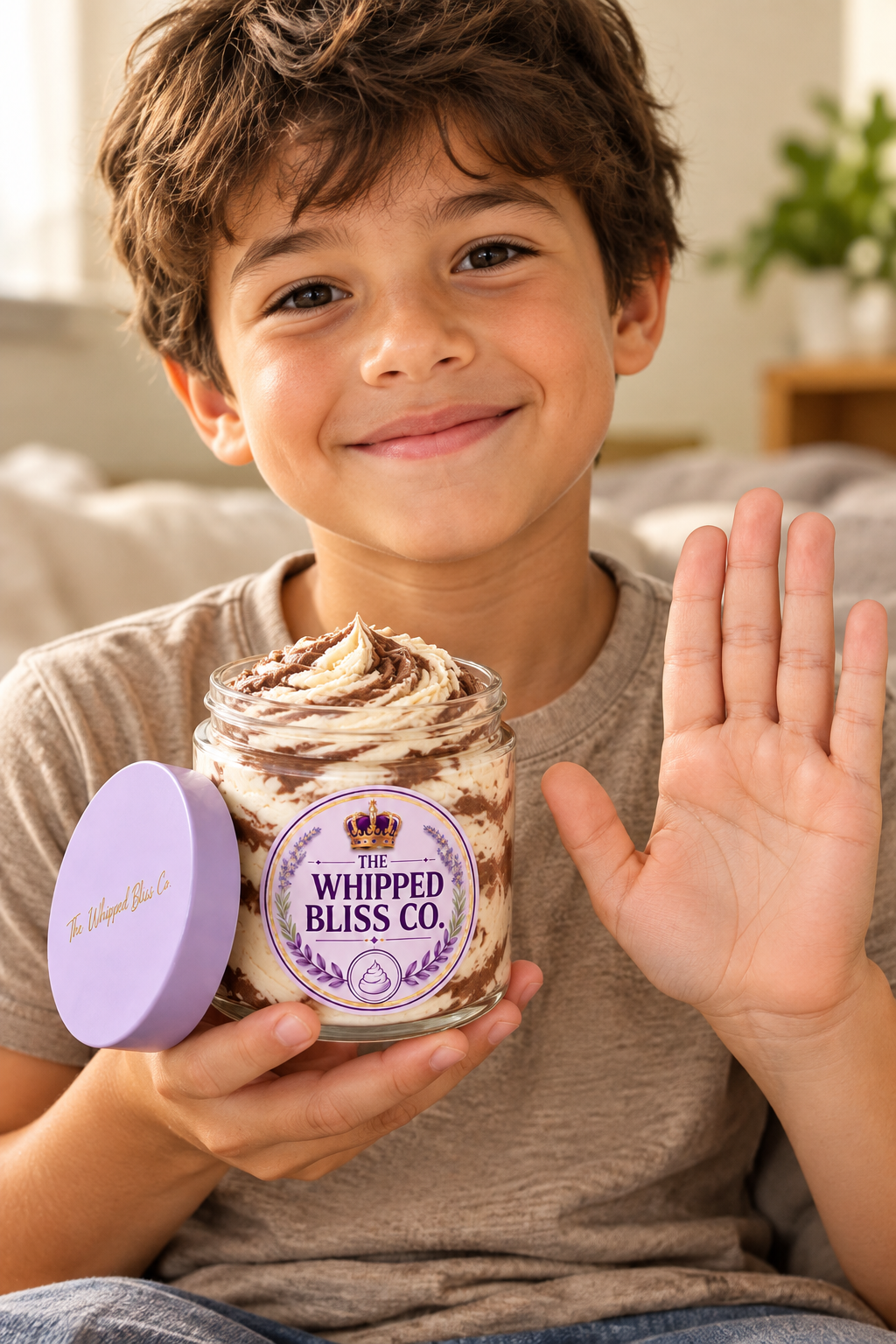 Young boy holding Chocolate Mint Body Butter jar for scale reference