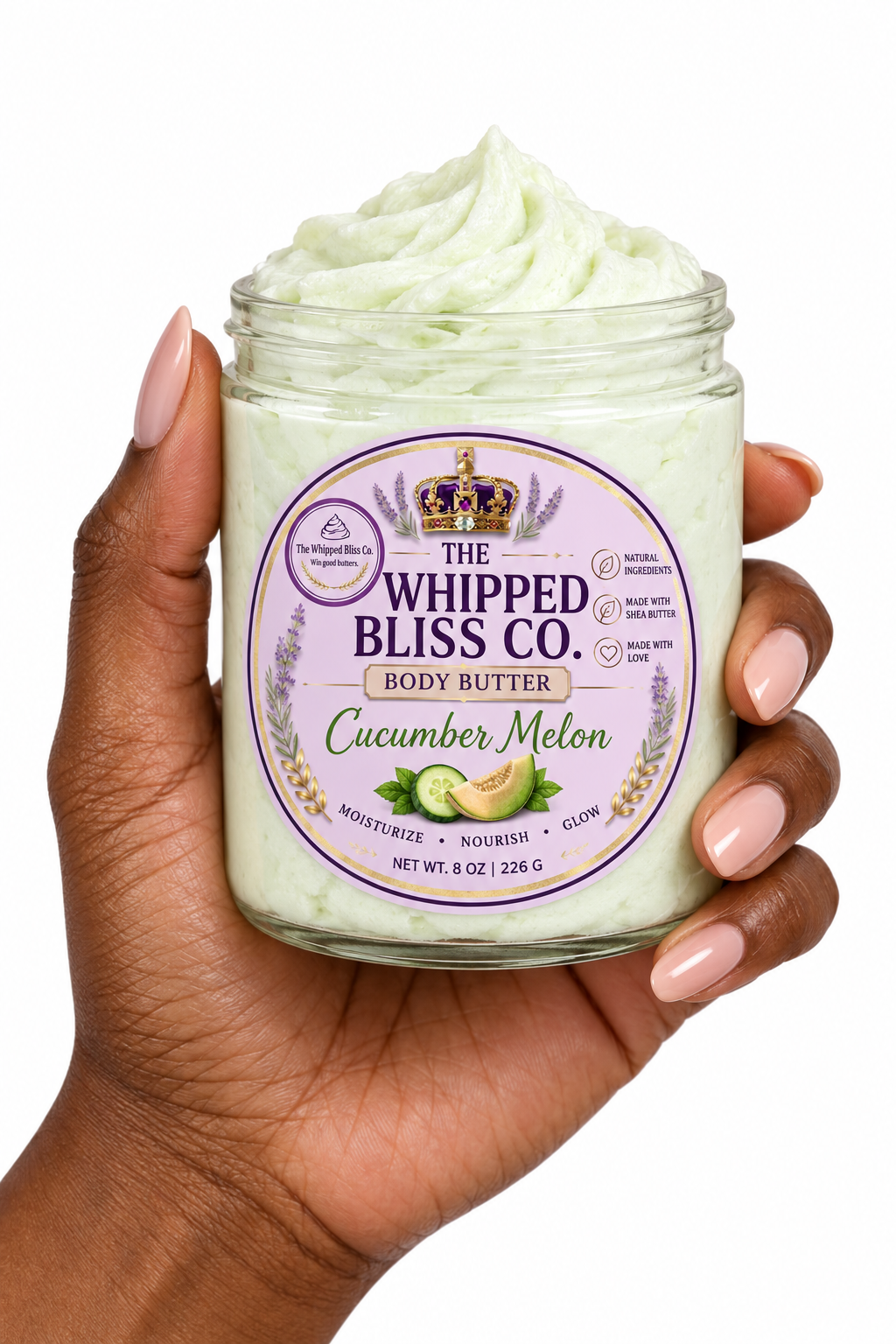 Scale reference of cucumber melon body butter jar with logo label