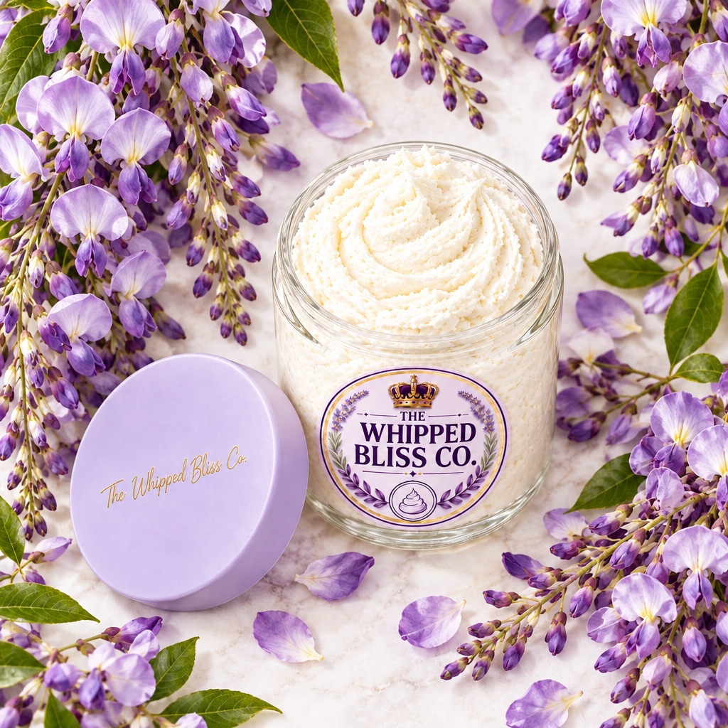 Wisteria Body Butter styled with wisteria blossoms