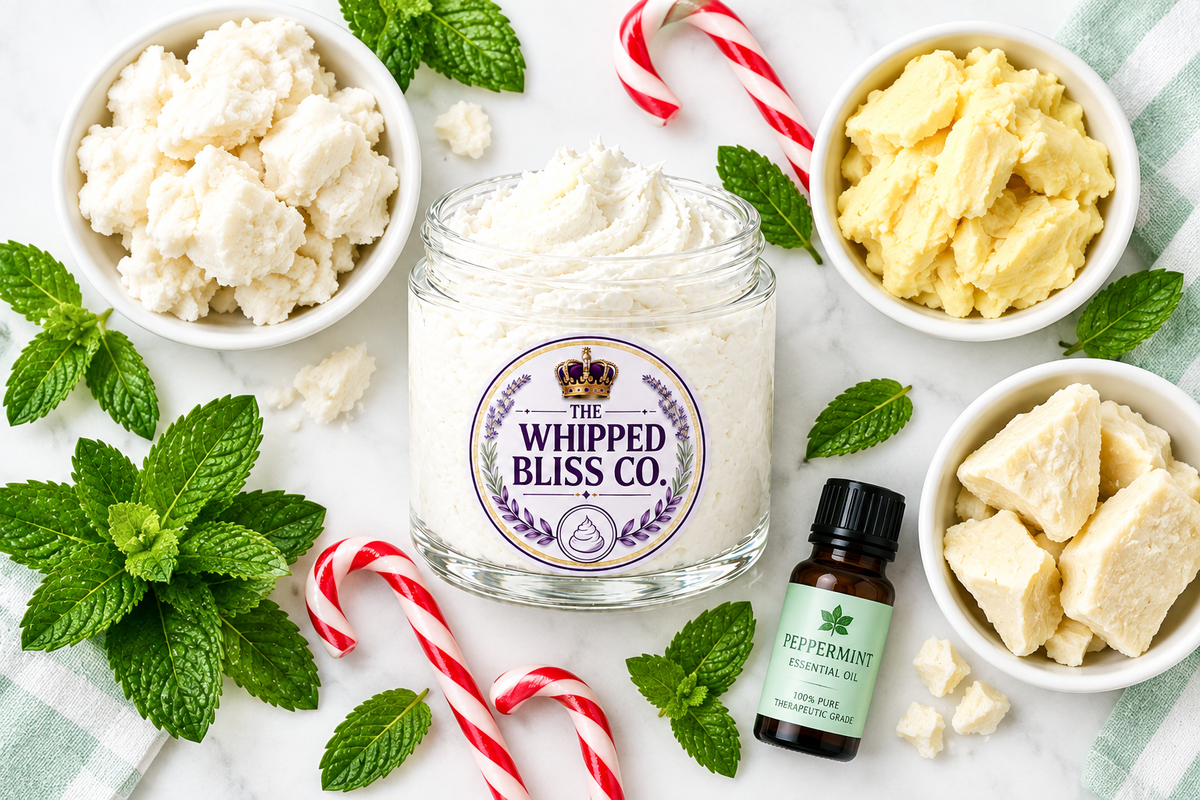 Sweet Peppermint Body Butter ingredient flat lay