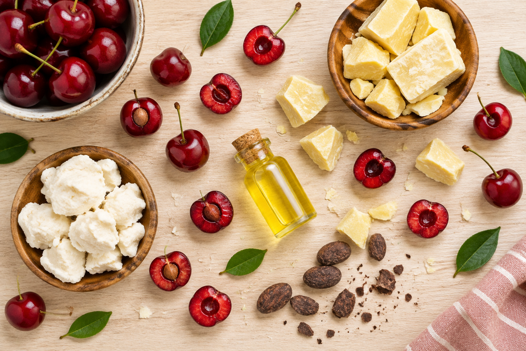 Flat lay of red cherry ingredients
