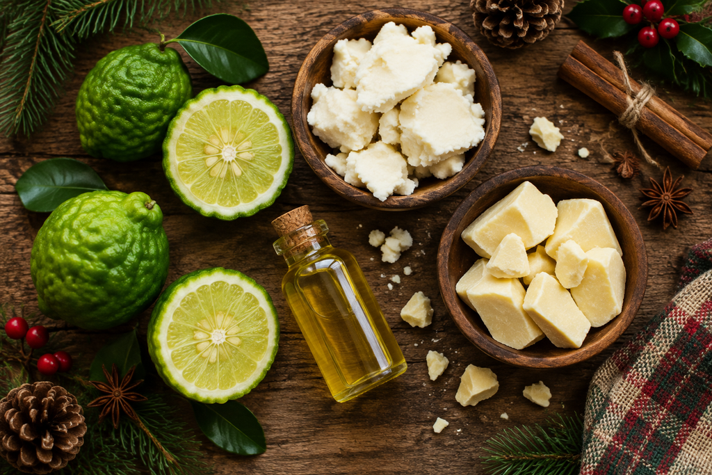 Flat lay of bergamot and shea butter ingredients